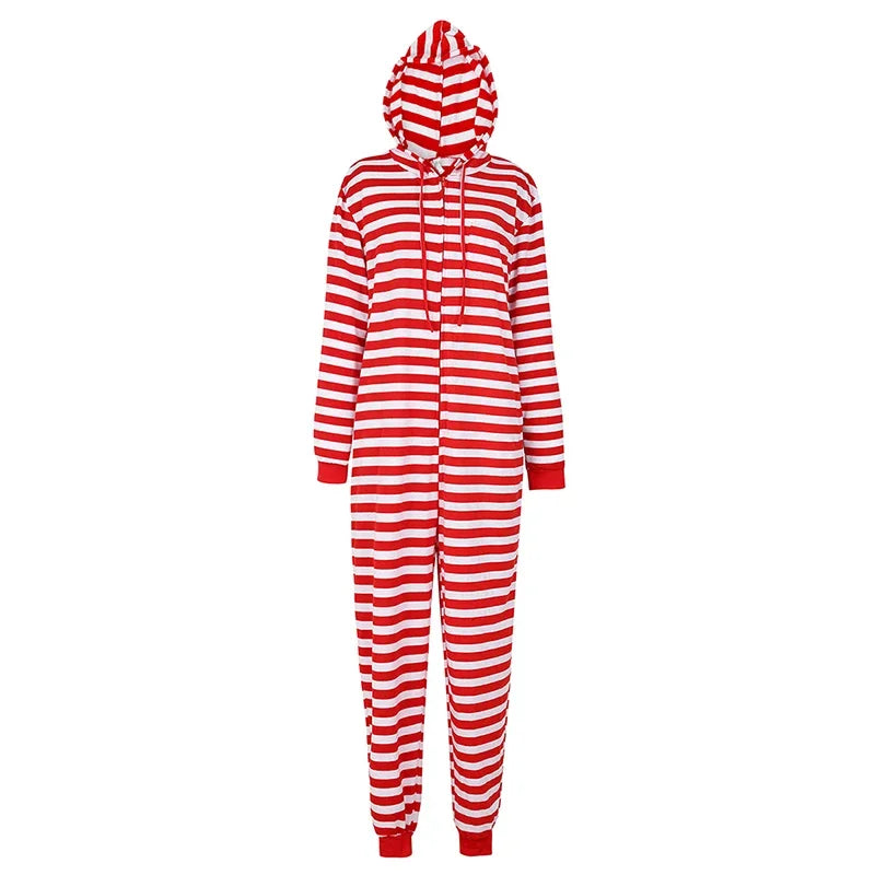 Maxy Couple Onesie Plus Size Christmas Pajamas Red and White Striped Onesies for Adults with Zipper Jumpsuit Hooded Sleepwear