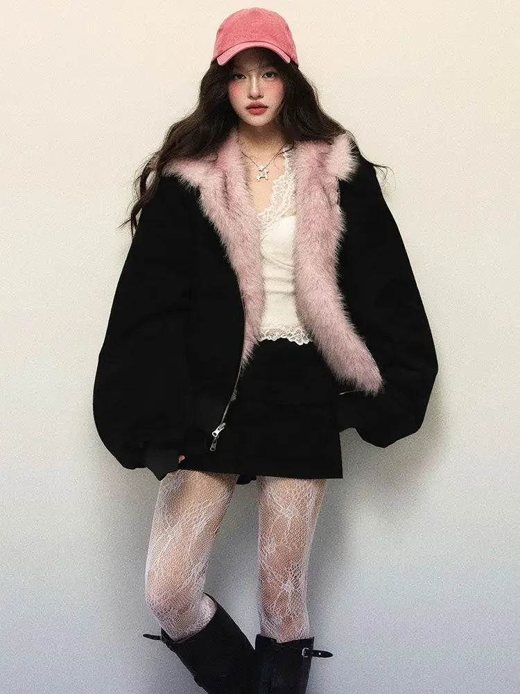 Maxy New Winter American Retro Pink Fur Hooded Workwear Thickened Short Jacket Skirt Two-piece Suit for Women