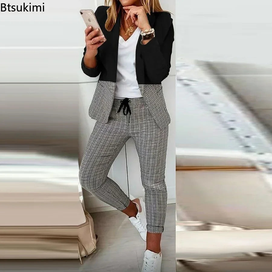 Maxy Spring Autumn Two Piece Sets Women Printted Elegant Blazer & Pants Set Outifits Fashion Tracksuits Casual Elegant Female Sets