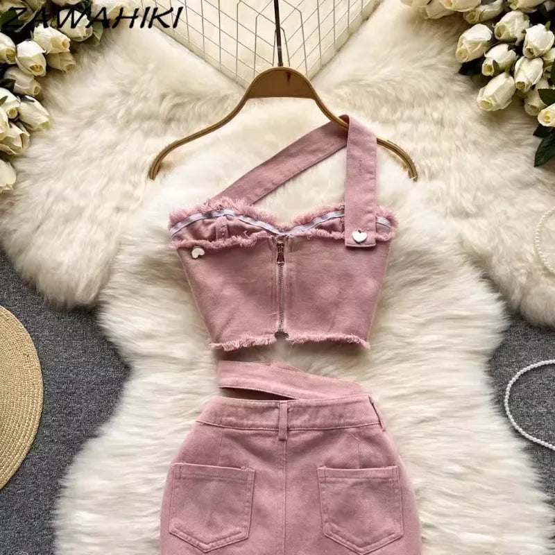 Maxy Sweet Two-Piece Set Women Sexy Patchwork Camisole Top Irregular Slim Waist Women's Skirts Office Lady Fashion Elegant Ropa