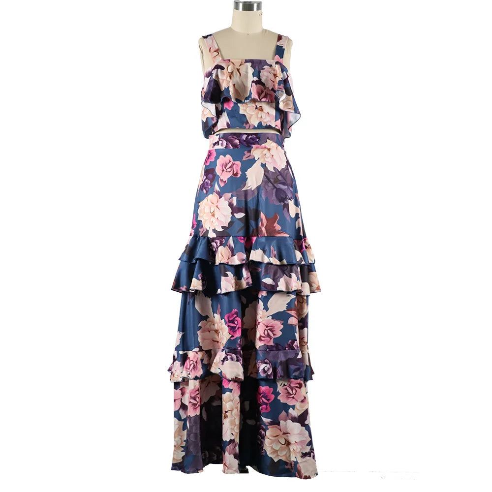 Maxy sleeveless crop top + maxy skirt women two pieces suit dresses vintage floral print ruffles summer set robe