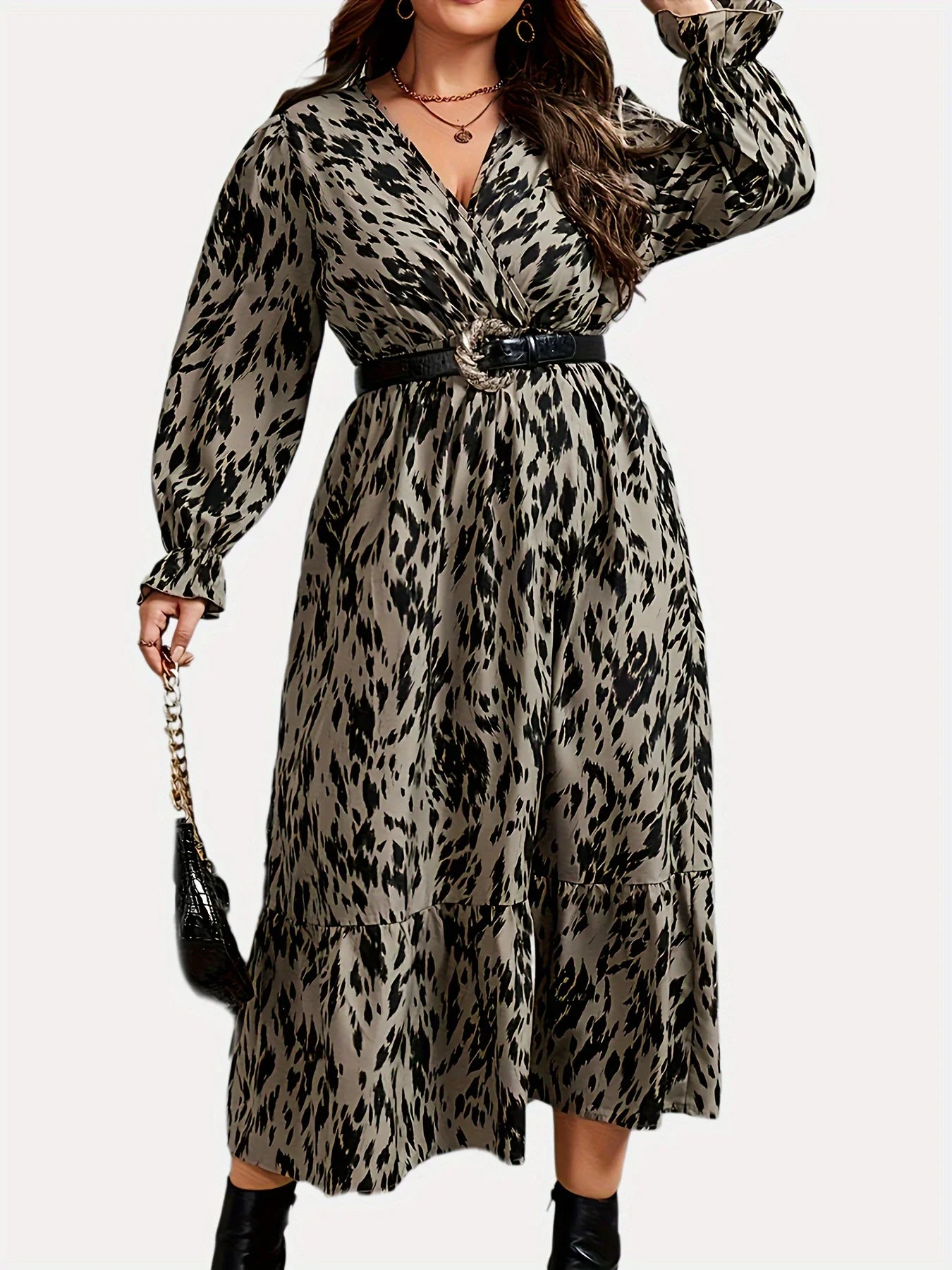 Maxy Plus Size Allover Print Flounce Sleeve Ruffle Hem Dress Without Belt