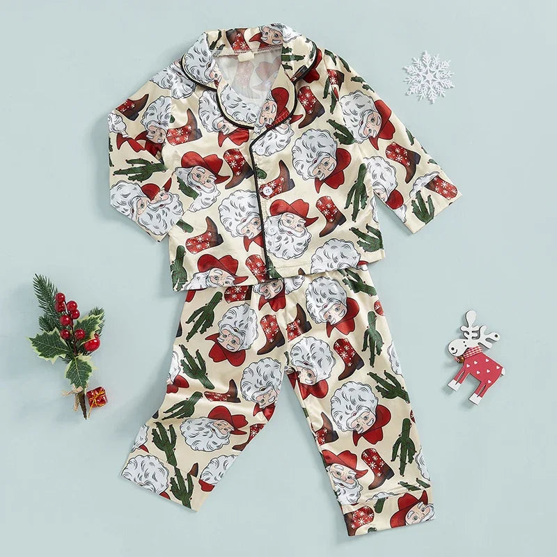 Kids Christmas Pajamas Set Santa Claus Print Long Sleeve Tops with Pants Sleepwear