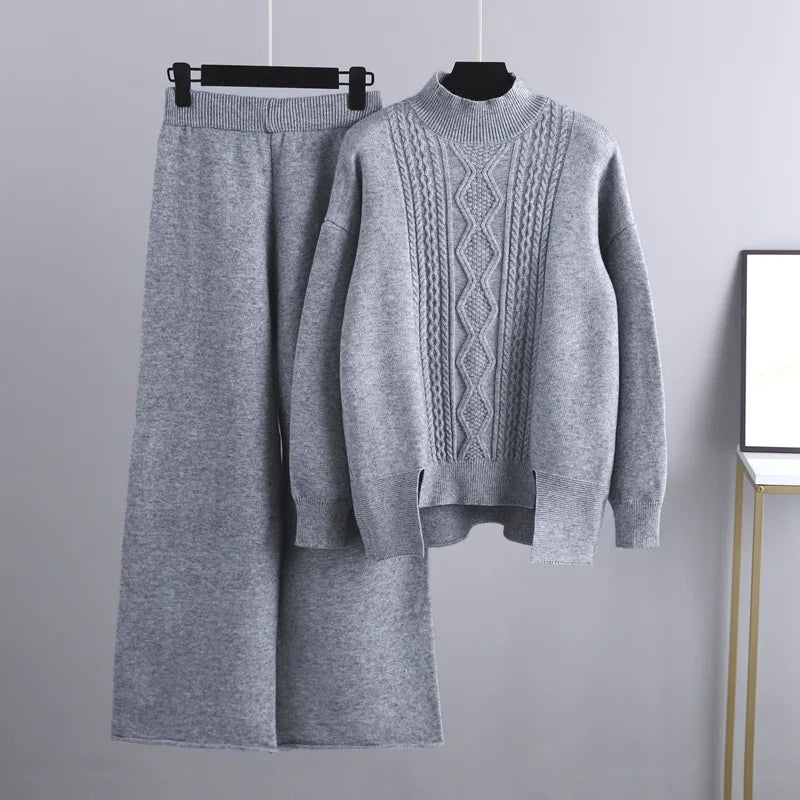 Maxy Winter Cashmere Women Tracksuits Thick Oversized Women Turtleneck Sweater 2 Pieces Sets Drawstring Harem Pant Suits Outfit