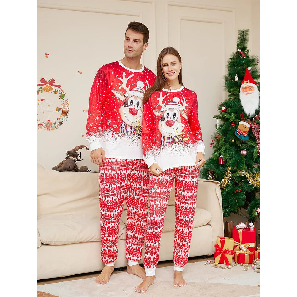 Maxy Christmas Family Matching Pajamas Set Father Mother Kids Red Cartoon Elk Print Sleepwear Adult Boys Girls Homewear Baby Rompers