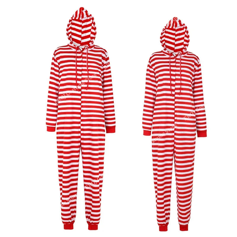 Maxy Couple Onesie Plus Size Christmas Pajamas Red and White Striped Onesies for Adults with Zipper Jumpsuit Hooded Sleepwear