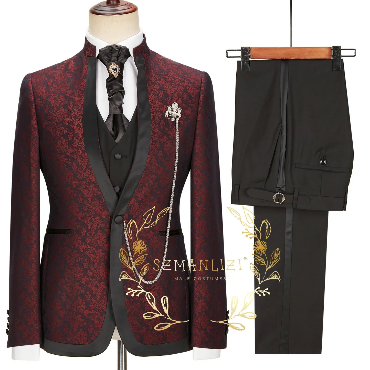 Visco Handsome Blue Gold Floral Rim Stage Men Suit Set Stand Collar Men's Suits (Jacket+pants+vest)