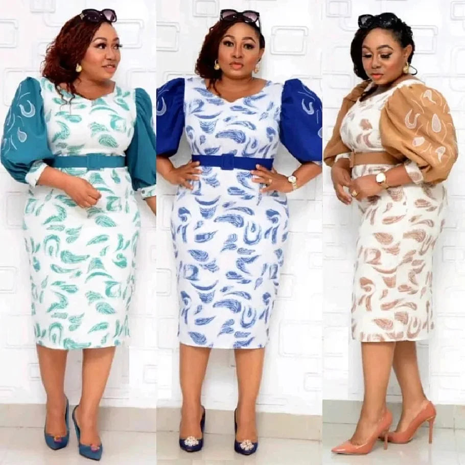 Maxy Hot Sale African and Turkey Style Plus Size Printed Lantern Sleeve Dress For Women