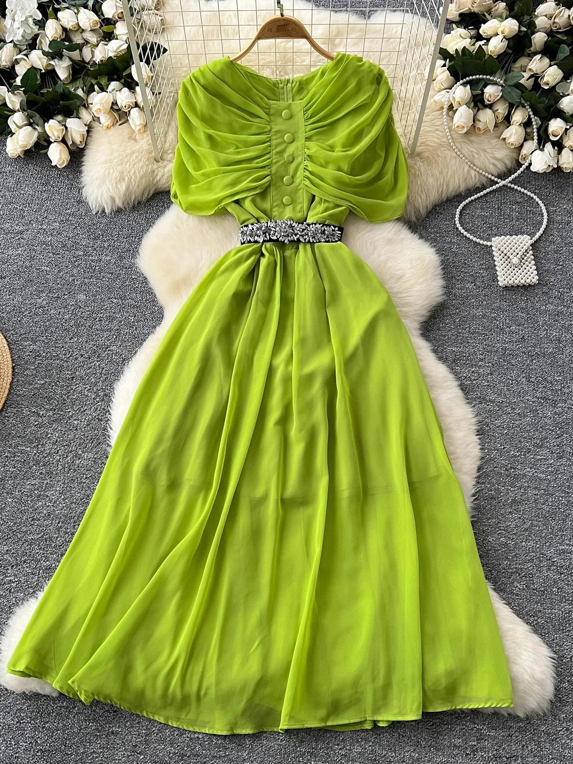 Maxy Spring Summer Women Red/Purple/Green Draped Chiffon Long Dress Vintage Round Neck High Waist A-Line Female Robe New