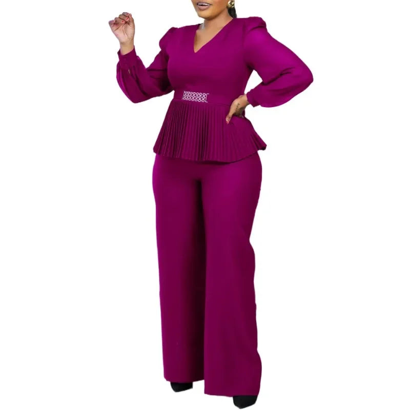 Maxy 2 Piece Clothes for Women Spring Elegant Long Sleeve V-neck Top Long Pant Matching Sets Outfit Clothes