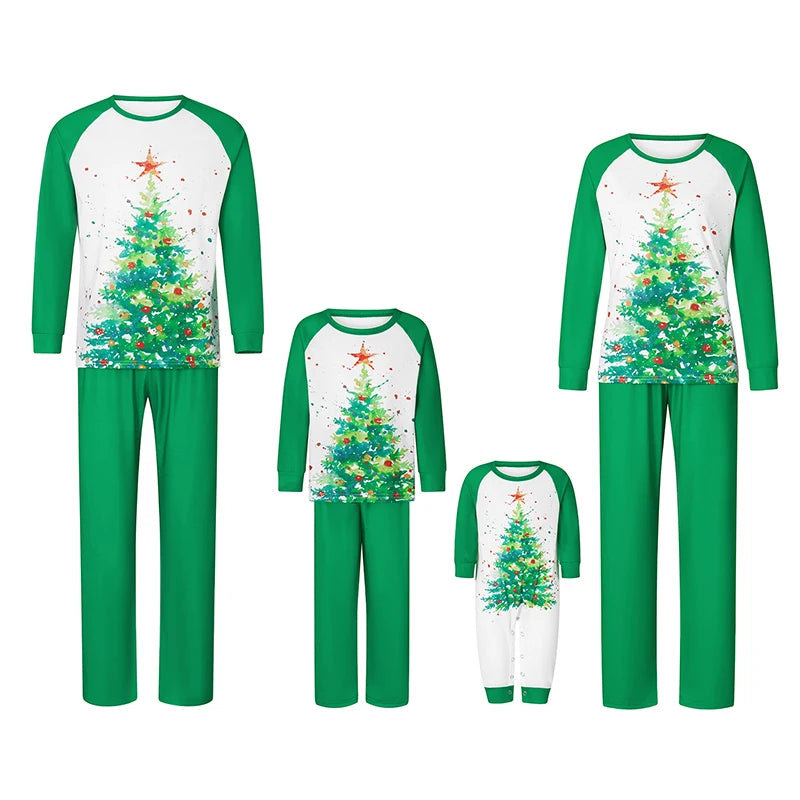 Family Matching Christmas Pajamas Set Christmas Tree Print Long-Sleeved Round Neck Tops +Elastic Waist Trousers/Romper Sleepwear