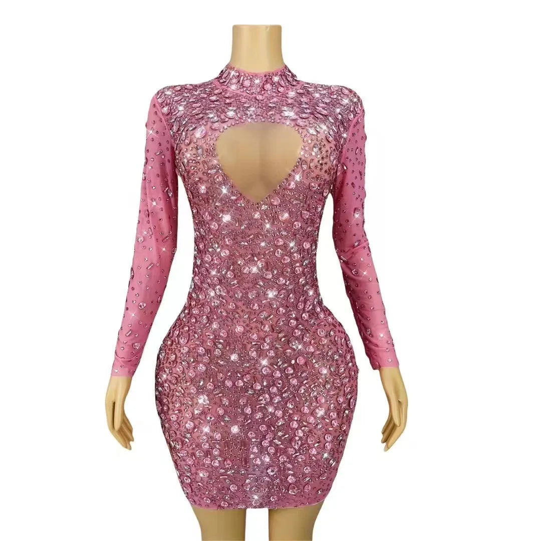 Maxy Lady Crystals Diamond Wedding Dress Long Sleeve Elegant Pink Party Show Dress Women Luxury Birthday Club Diamond Evening Dress