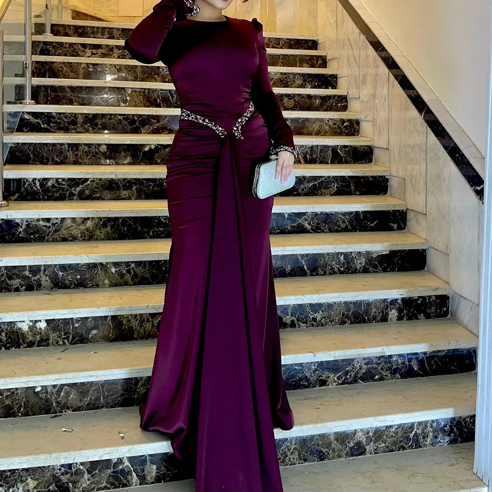 Maxy Customized A-line Evening Dresses Floor-length O-neck Full Sleeve Prom Gown Fashion Crystal Simple Draped Casual Party Gown