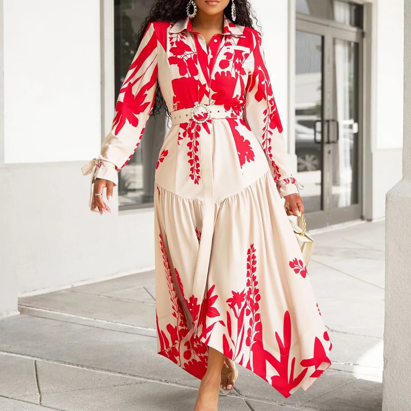 Momsey 2024 Women's Summer New Long Sleeved Printed Lapel Irregular Loose Size African Dress