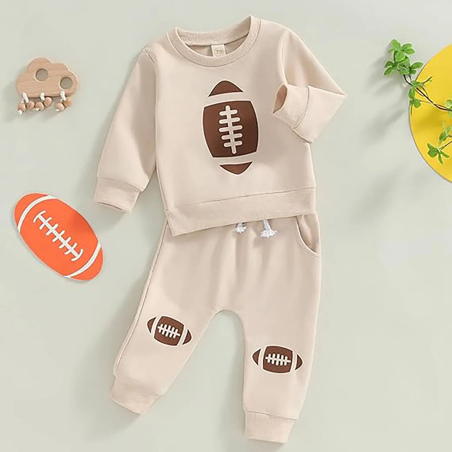 Maxy Toddler Boys Girls Pants Set Football Print Long Sleeve Sweatshirt Drawstring Pockets Pants Outfits Clothes Pullover Suit