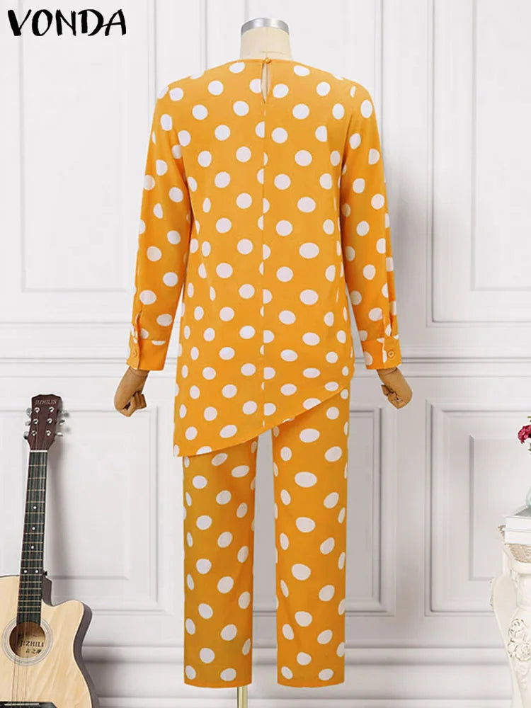 Maxy Plus Size 5XL Printed Pant Sets Women Autumn Long Sleeve Tops and Pants Polka Dot Sets Casual Loose 2PCS