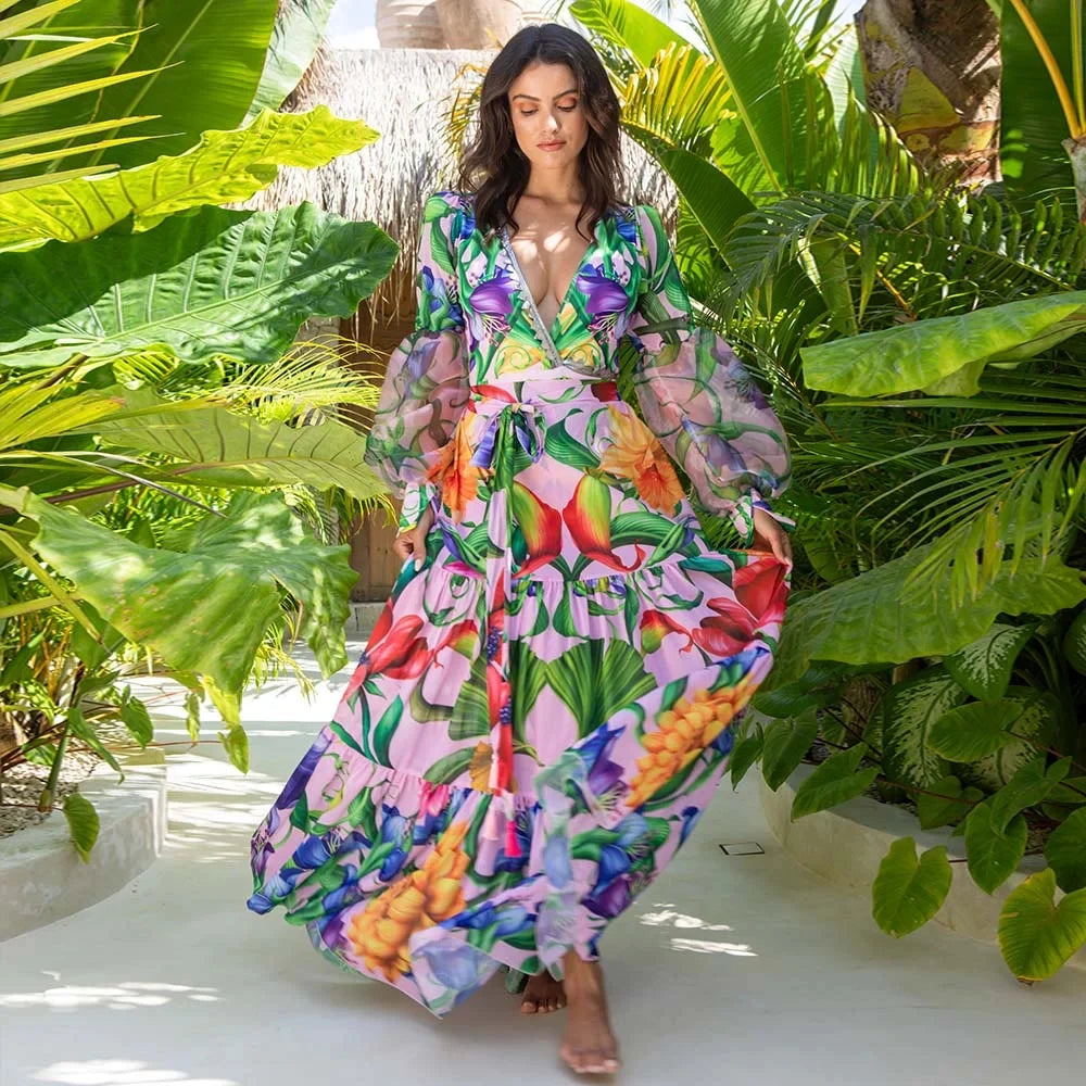 Maxy Women Swimwear V-neck Long Sleeve Flowers Printed One Piece Swimsuit and Skirt Beach wear Bathing Suit bikini Two piece
