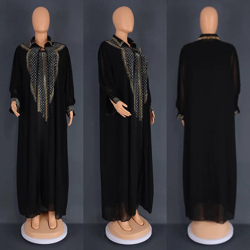 Maxy 2 Piece Set African Dresses for Women Evening Dress Diamonds Party Gown Dubai Abaya Kaftan Chiffon Wedding Outfit
