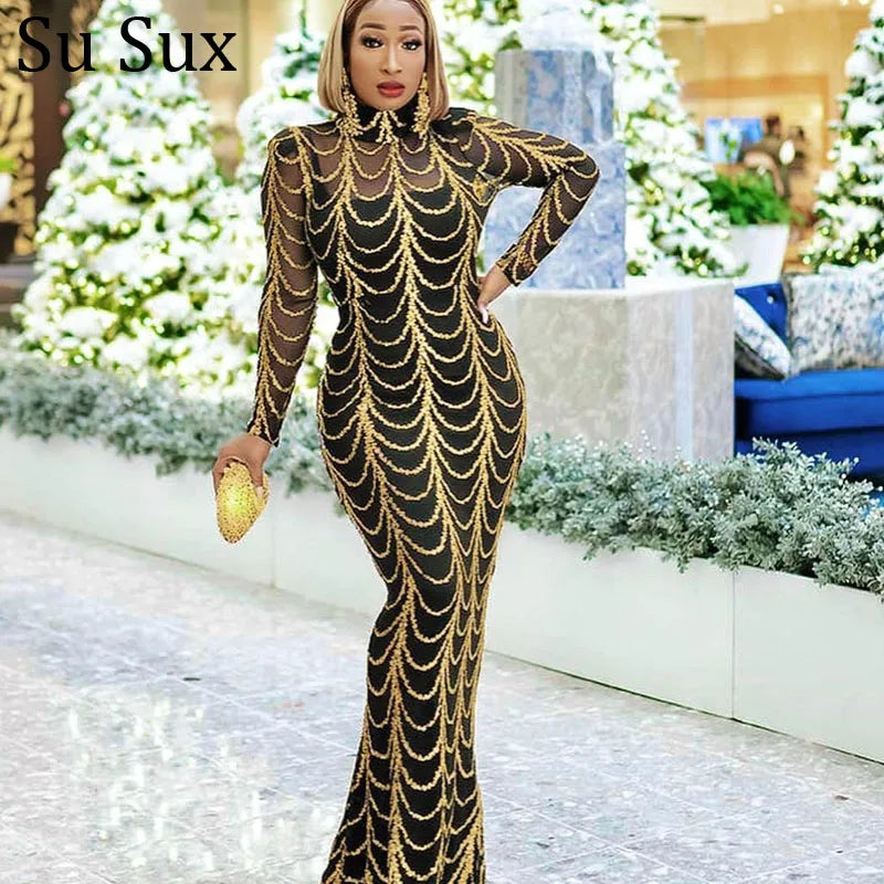 Maxy Sequins Party Dress Bandage Bodycon Maxy Robe Stand Collar Lone Sleeve Zipper Perspective Fishtail Long Dress African Clothes