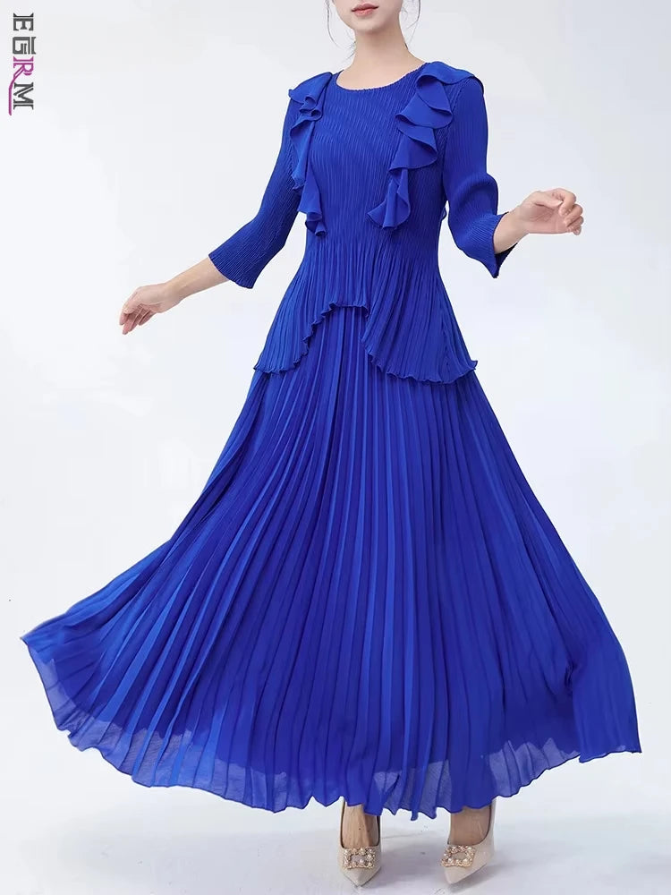 Maxy Pleated Two Pieces Sets Women Ruffles Irregular T Shirt + A Line Loose Skirt New Female Elegant Lady Clothing 6R4839