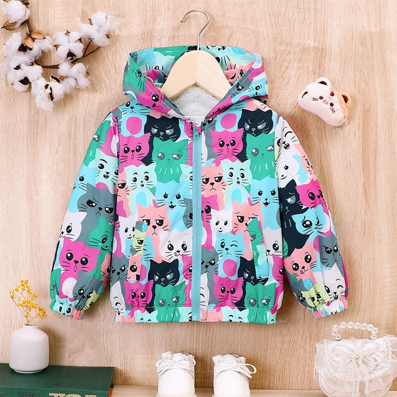 Maxy Autumn Jacket for Girls Coats Hooded Cat Pattern Baby Girls Clothes Outerwear Kid Sports Windproof Jacket Toddler Winter Clothes