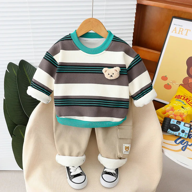 Maxy Children Clothing Sets Autumn Winter Baby Boys Stripe Sweatshirt Pants Warm Plush Toddler Kids Tracksuit Infant Clothes Outfits