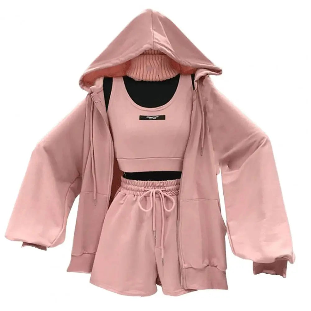 Maxy 1 Set Women Sportswear Long Sleeve   Women Coat Three Pieces Drawstring Shorts Vest Thin Coat Set