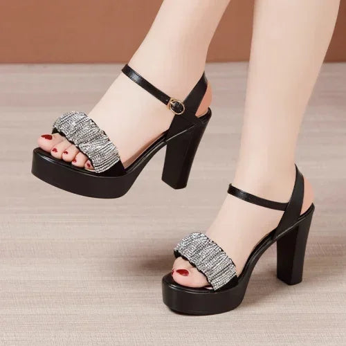 Maxy 8 10 13cm Small Size 32-43 Elegant Black Rhinestone Block High Heels Sandals Summer Platform Shoes Women for Office Model