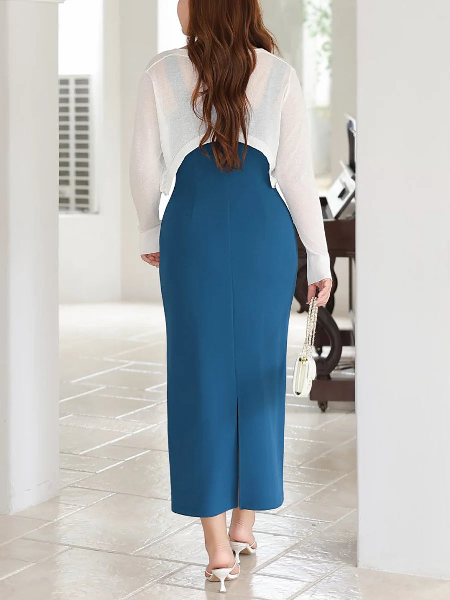 Maxy 3D Breast Cup French Slim Waist Solid Color Strap Dress Premium Plus Size Women Square Collar Back Slit Long Formal Dress 9182