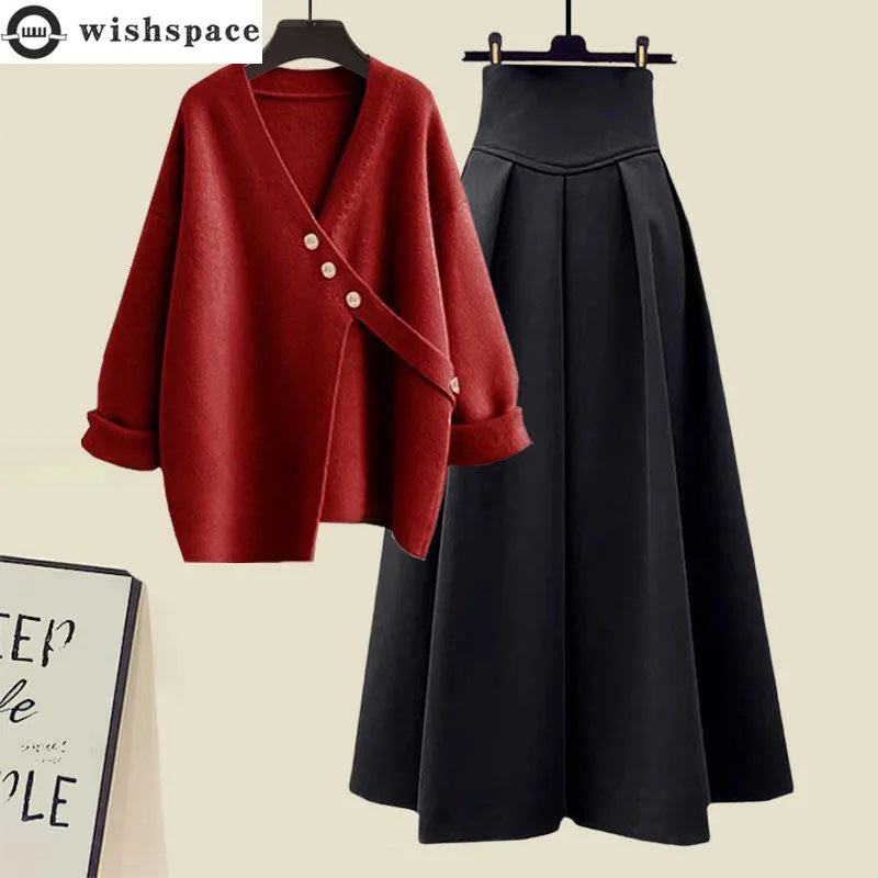 Amay Autumn and Winter Fashion Women's Set New Korean Knitted Sweater Sweater Age Reducing Slim Half Skirt Two Piece Set