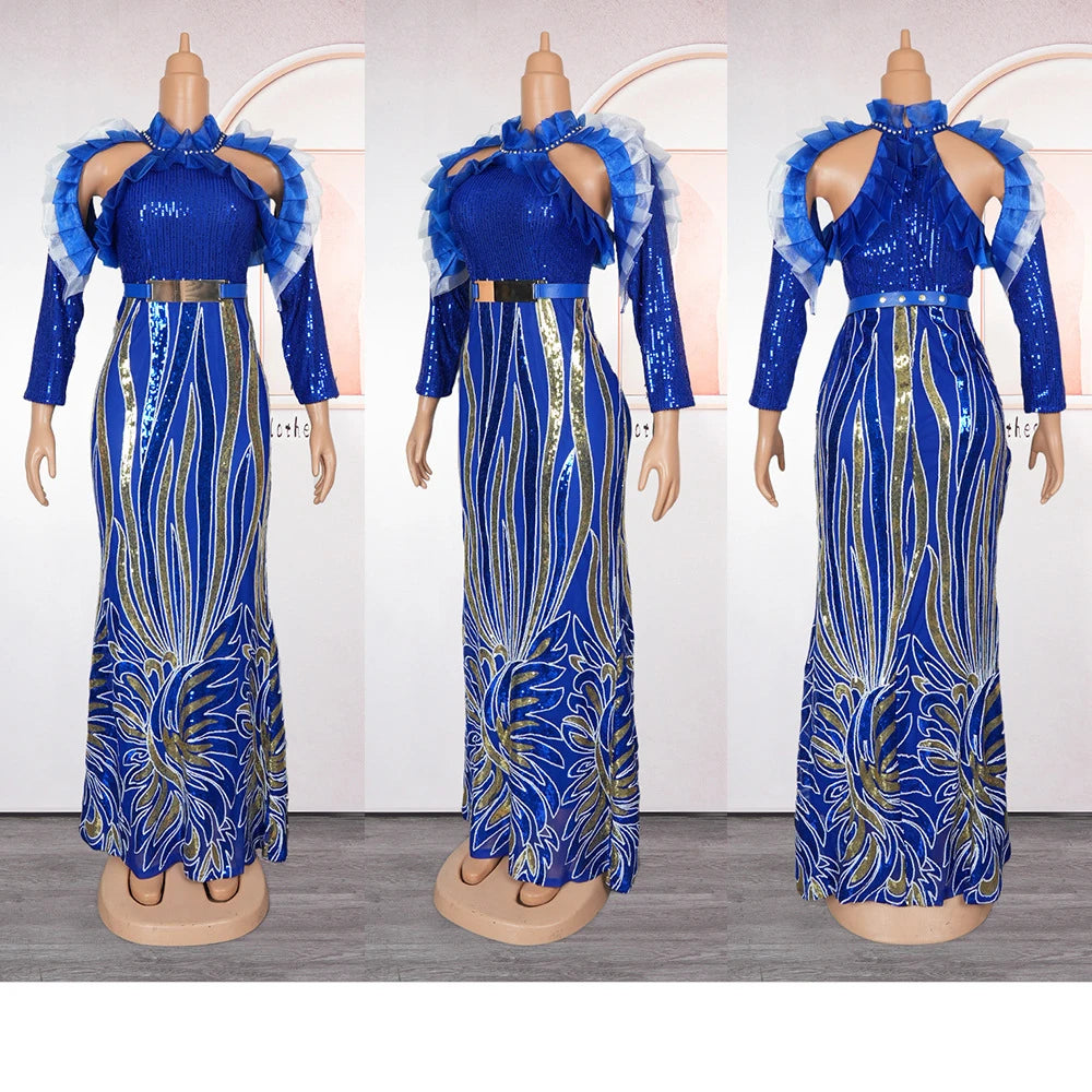Maxy Plus Size Evening Dresses for Women African Luxury Sequin Gown Elegant Turkey Wedding Party Long Dress Ankara Dashiki Kaftan New