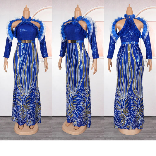 Maxy Plus Size Evening Dresses for Women African Luxury Sequin Gown Elegant Turkey Wedding Party Long Dress Ankara Dashiki Kaftan New