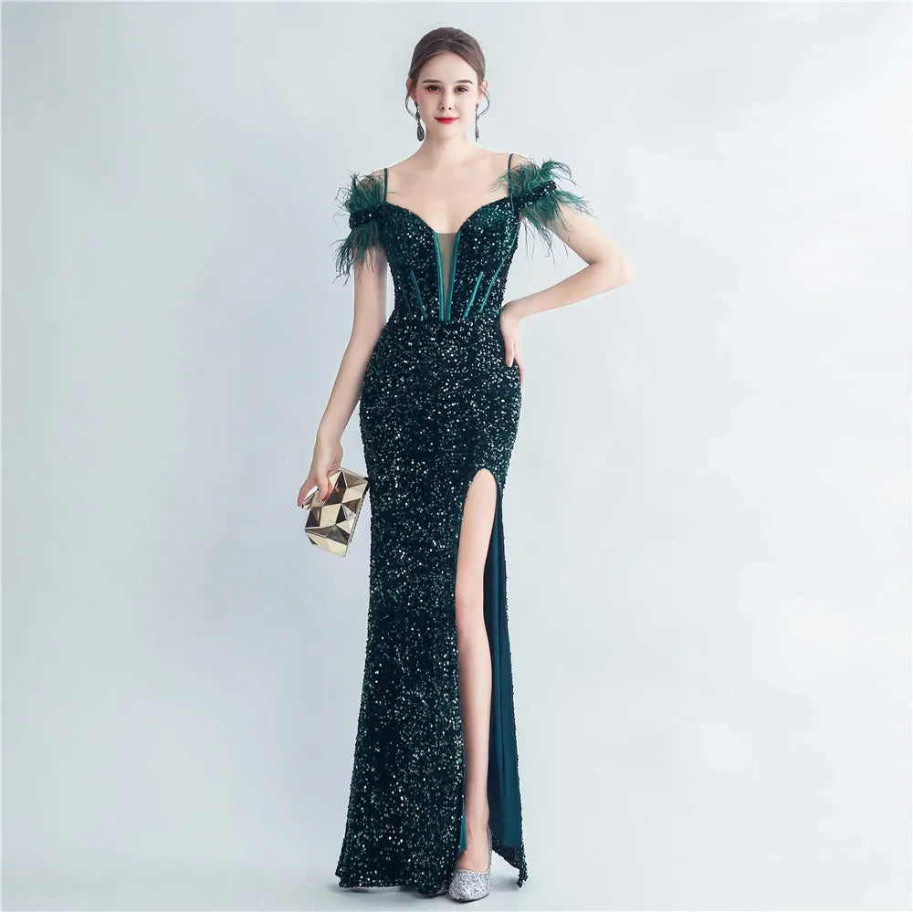 Zay Women's Elegant Long Dresses with A Bling and Feathers, Split Sequin Glitter, Evening, Wedding Guest, Special Events, High End,