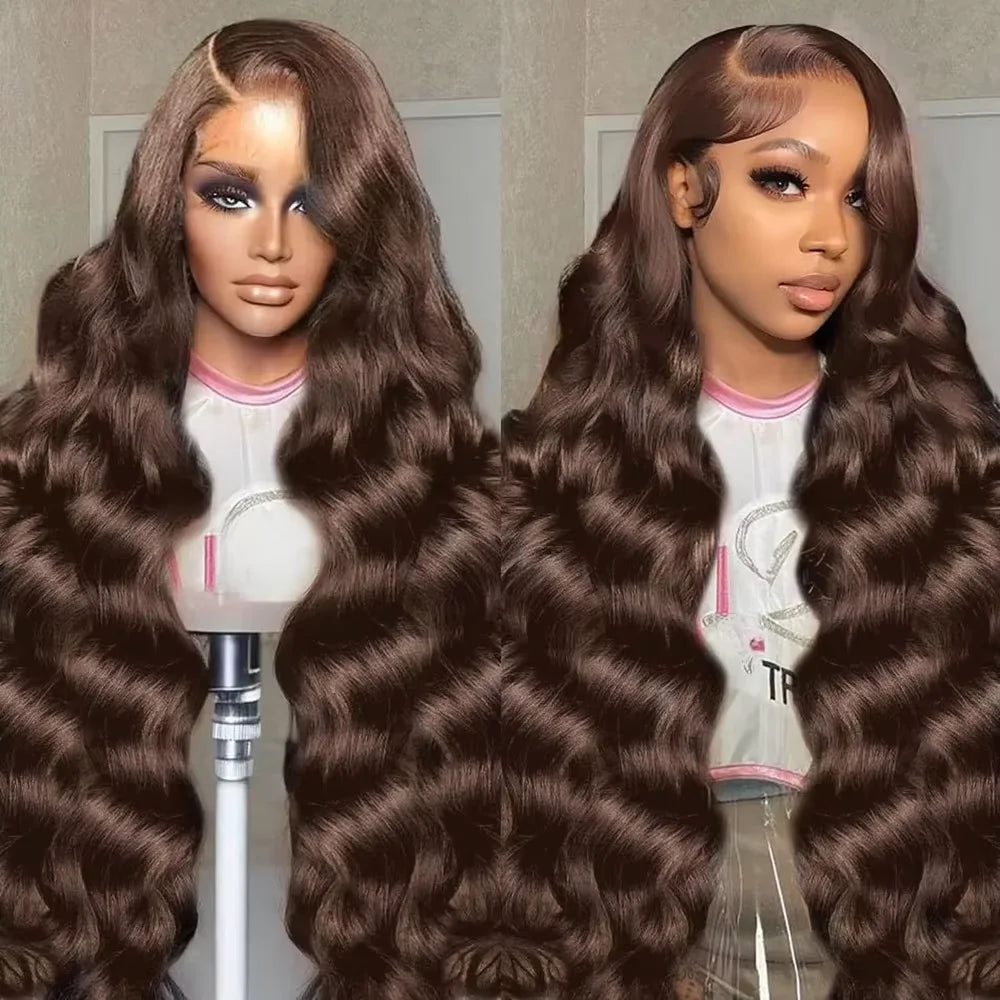 Maxy 36 38 inch Chocolate Brown 13x4 HD Lace Front Human Hair Wigs Peruvian Body Wave Glueless Lace Fontal Wig For Women Pre plucked