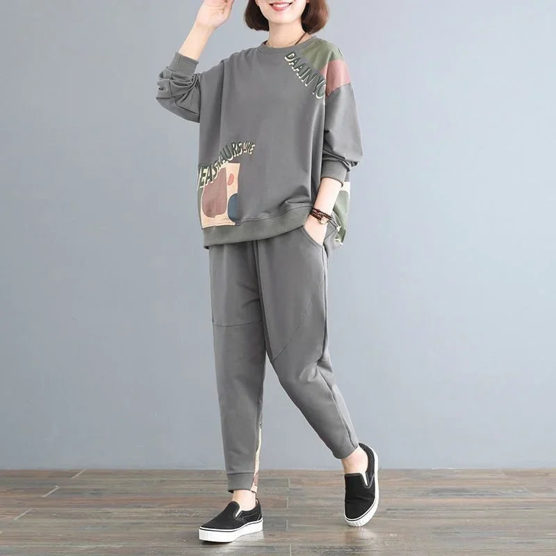 Amay Women's Leisure Sports Suit Summer New Korean Fashion Printing Loose Crop Tops Pants 2 Two Piece Sets for Women Tracksuit