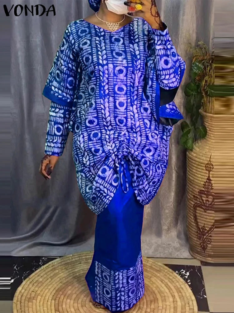 Maxy Women Outfits Bohemian Printed Sets Elegant Long Sleeve Top+Half Skirt Two-Piece Sets Casual Loose Holiday Suits