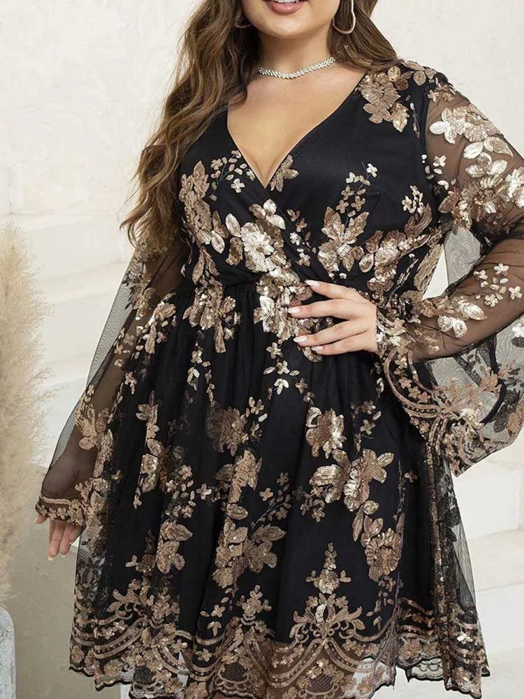 Maxy Women Classy Elegant Evening Dress with Transparent Mesh Sleeves Plus Size Ladies Short Evening Dresses Sexy Date Night Dress