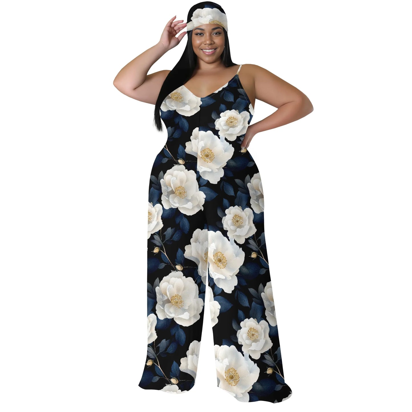 Maxy Luxurious Floral Halter V-Neck Maxy Dress - Women's Elegant Chic Party Resortwear Evening Beachwear Summer (with headscarf)