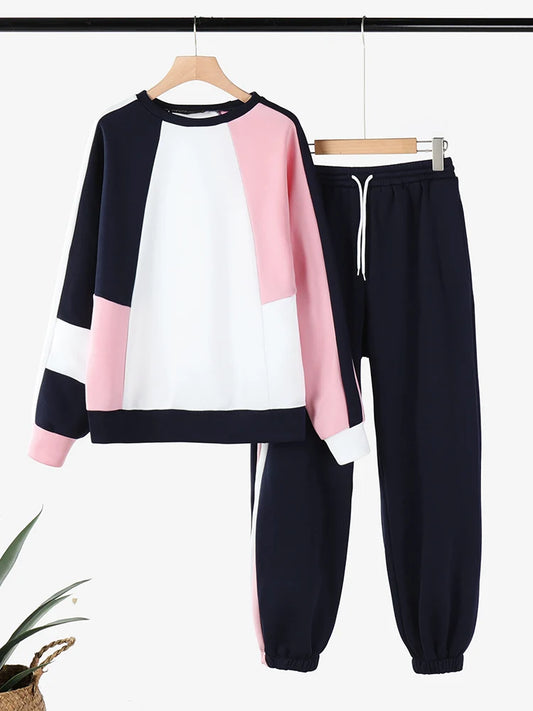 Maxy Fall Loose Tracksuits Long Sleeve Sweatshirts Sweatpants Casual Color Block 2pcs Outfits Streetwear Women Pant Sets