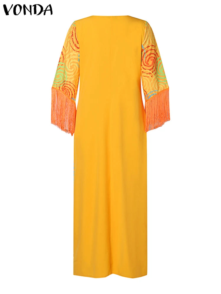 Amay Plus Size 5XL VONDA Women Bohemian Maxy Dress Fashion Printed 3/4 Sleeve Sundress Casual V-Neck Loose Vintage dress