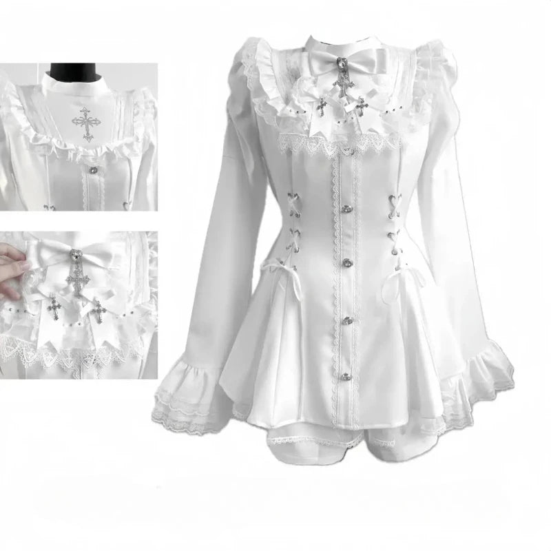 2025 Japanese Sweet Lolita Kawaii Dress Women Spring Printed Bow Fake Two Piece Dress Female Korea Style Design Party Clothing