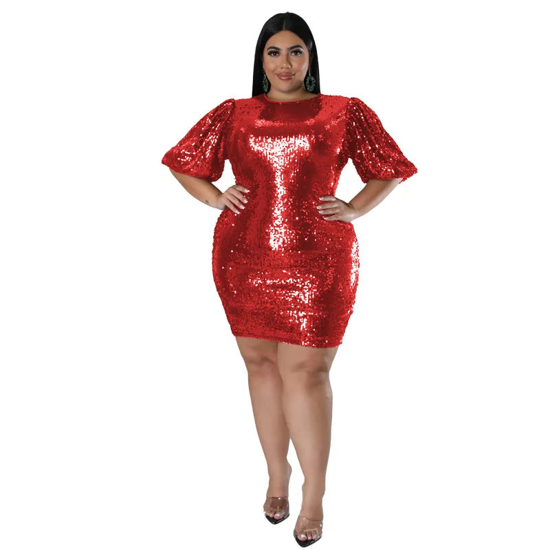 Babs Evening Party Dresses for Women Sequins Club Wear Plus Size Fashion Puff Sleeve Mini Dress