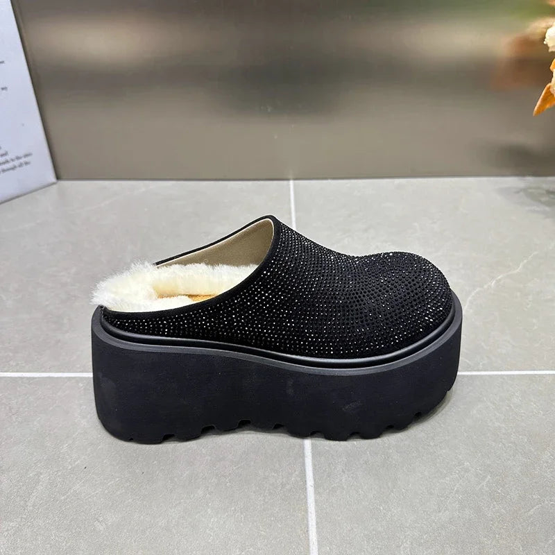 Babs Rhinestone Short Plush Women Mules Slippers Casual Cover Toe Ladies Comfort Outdoor Platform Flats House Cotton Shoes