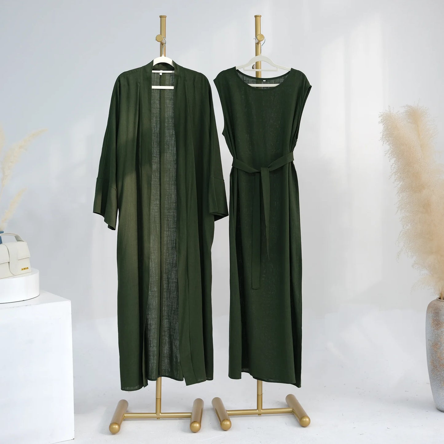 Maxy 2pcs Open Abaya Muslim Women Kimono Inner Dress Set Turkey Islamic Arab Robe Dubai Caftan Jalabiya Eid Ramadan Outfits Gown