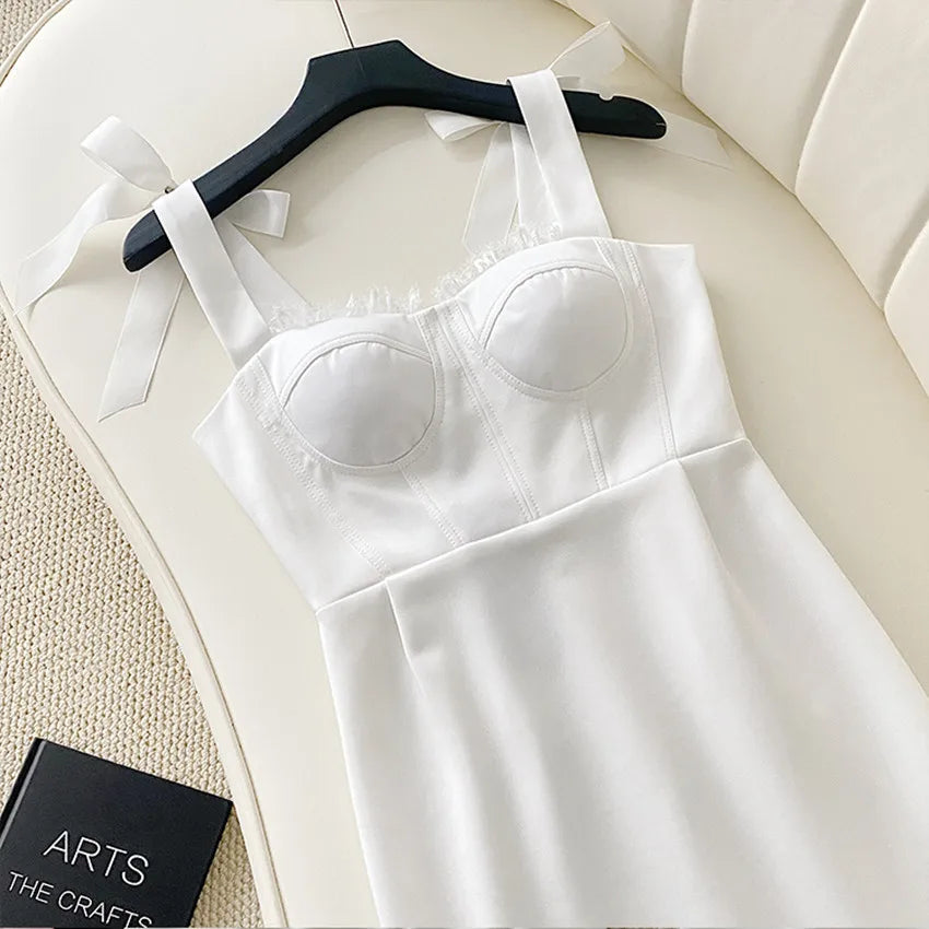 Babs High Quality Women Bow Spaghetti Strap Bodycon Dress 2024 Summer White Sleeveless Strapless Chest Pad Sheath Club Party Clothes