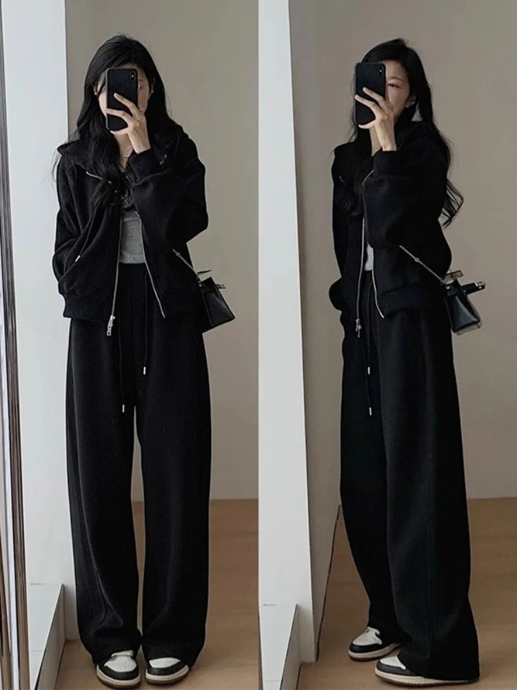 Maxy Autumn and Winter Fashion Casual Hoodie Sportswear Women's Set Wide Leg Pants Hooded Running Two-piece Set