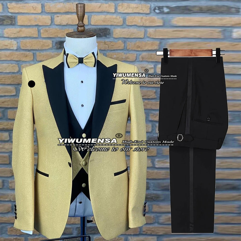 Maxy Spring/Autumn Suits Men Slim Fit Glitter Jacket+Vest+Pants 3 Pieces Formal Bridegrooms Wedding Tuxedo Costume Homme Blazers.