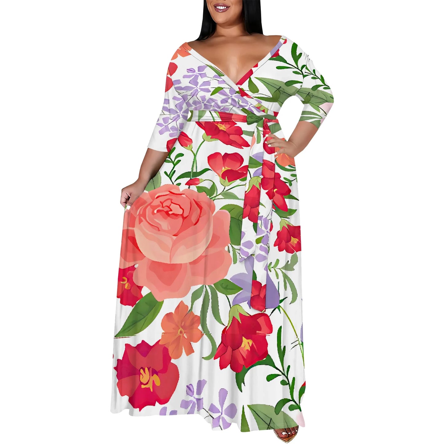 Maxy Plus Size White Wrap Dress Pink Flower Print Belted V Neck Summer Holiday Style