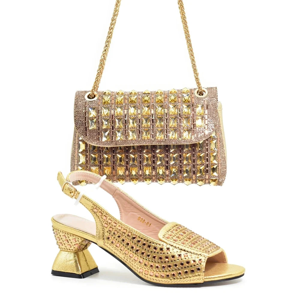 Macy African Style Ladies Shoes and Bags Set Latest Women Shoes and Bag Set Decorated with Rhinestone Heels Women Luxury