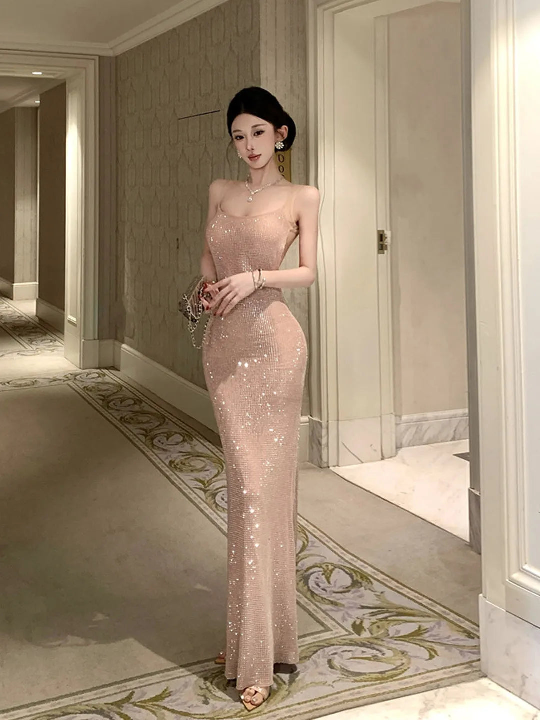 Maxy Long Sparkling Fish Tail Dress with Belt Sexy Back Glittering Drill Tight Fit Gown for Women mid Summer Evening Party